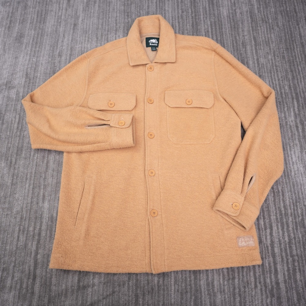 Roots Shirt Jacket Mens Medium Tan Excellent Fleece Organic Cotton Outdoors